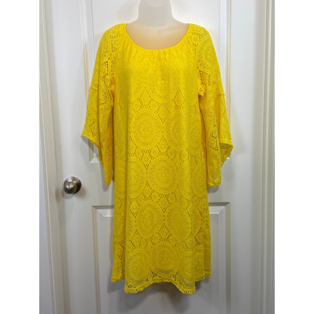 Tacera Yellow Medallion Lace Bell Sleeve Shift Dress Womens Medium Boho Retro M